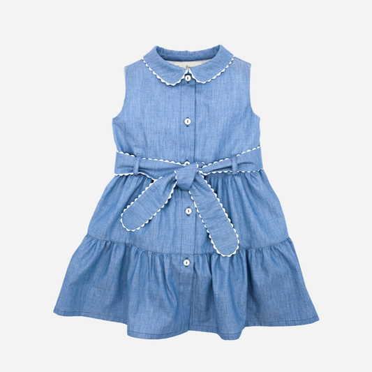 sold at Bombon shop, designed by Fina Ejerique brand, denim shirt dress for toddlers is perfect for spring and summer. front view