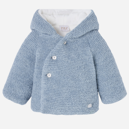 Sold at Bombon shop, designed by Paz Rodriguez, baby blue hooded coat with textured knit and white lining.