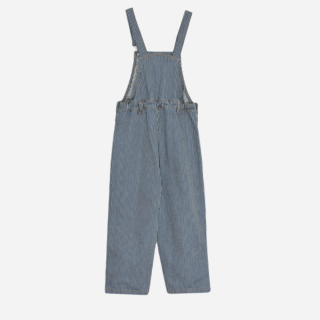 Sold at Bombon Shop, these unisex overalls by The New Society are made from a striped denim with a vintage wash, featuring adjustable shoulder straps, side button closures, and patch pockets for a timeless, relaxed silhouette. back