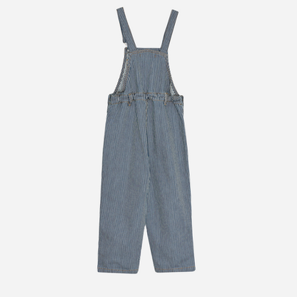 Sold at Bombon Shop, these unisex overalls by The New Society are made from a striped denim with a vintage wash, featuring adjustable shoulder straps, side button closures, and patch pockets for a timeless, relaxed silhouette. back