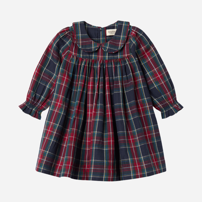 Sold at Bombon shop, designed by MarMar Copenhagen. Red and navy check long-sleeve cotton dress with Peter Pan collar, pairs perfectly with the matching red cardigan.