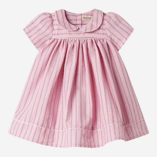 Sold at Bombon shop, designed by Mar Mar Copenhagen, Dulla baby dress in Bonbon Pink Stripes with puff sleeves