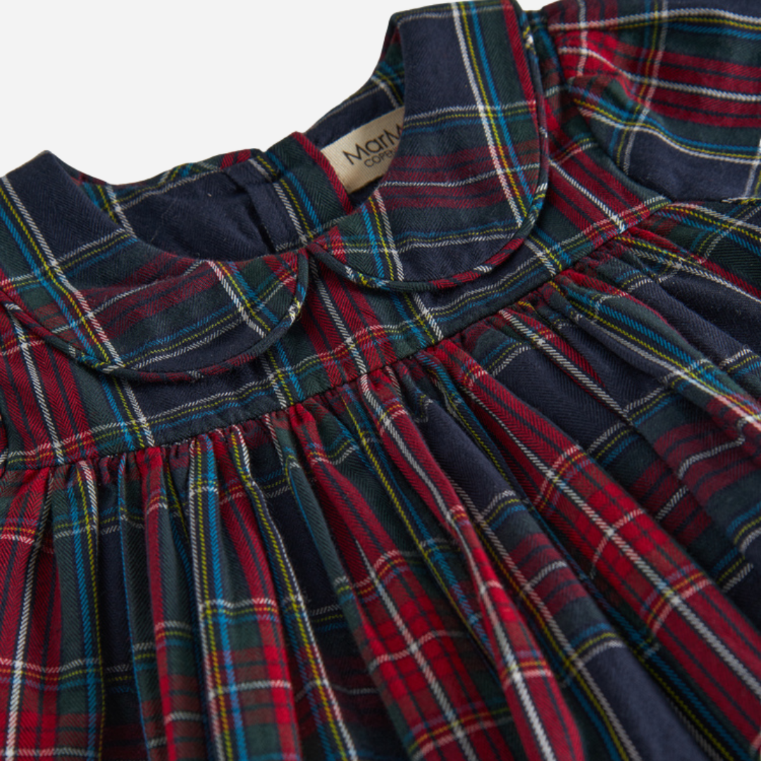 Sold at Bombon shop, designed by MarMar Copenhagen. Red and navy check long-sleeve cotton dress with Peter Pan collar, pairs perfectly with the matching red cardigan.