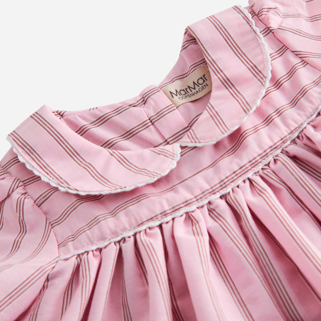 Sold at Bombon shop, designed by Mar Mar Copenhagen, Dulla baby dress in Bonbon Pink Stripes with puff sleeves