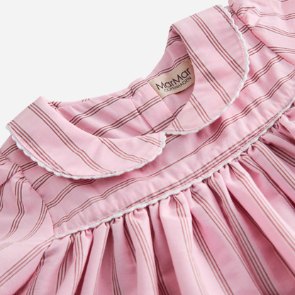 Sold at Bombon shop, designed by Mar Mar Copenhagen, Dulla baby dress in Bonbon Pink Stripes with puff sleeves