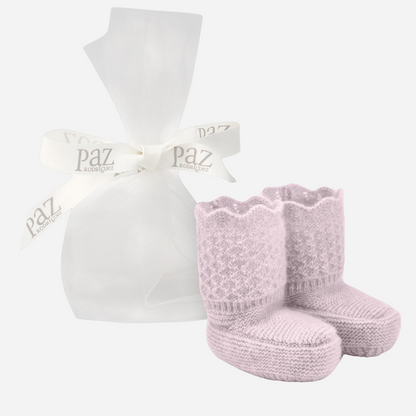Sold at Bombon shop, designed by Paz Rodriguez, pale pink baby booties with scalloped trim