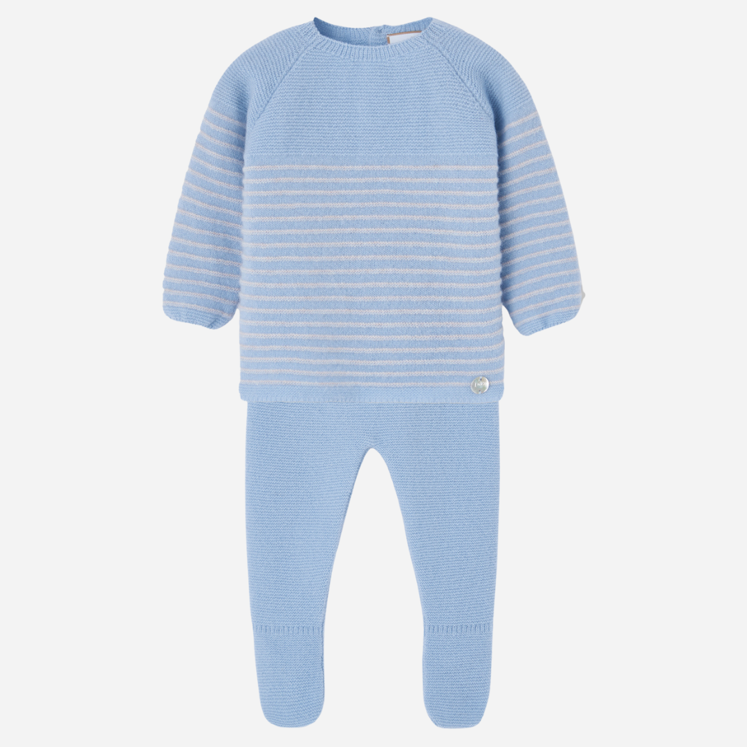 Sold at Bombon shop, designed by Paz Rodriguez. Blue baby cashmere knit jumpsuit with subtle stripes and footed legs, laid flat front view.