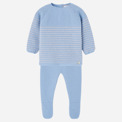 Sold at Bombon shop, designed by Paz Rodriguez. Blue baby cashmere knit jumpsuit with subtle stripes and footed legs, laid flat front view.