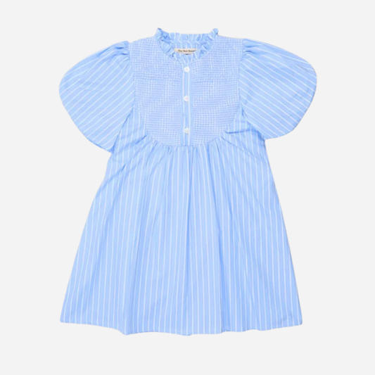 sold at Bombon, designed by The New Society blue striped girls dress with puff sleeves in soft cotton blend lightweight summer style