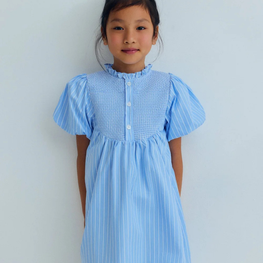 sold at Bombon, designed by The New Society blue striped girls dress with puff sleeves in soft cotton blend lightweight summer style
