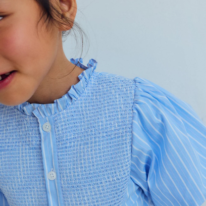 sold at Bombon, designed by The New Society blue striped girls dress with puff sleeves in soft cotton blend lightweight summer style