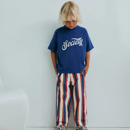 sold at Bombon, designed by The New Society kids striped pants in multicolor gorse stripes 100% cotton relaxed fit pairs with tilo t-shirt