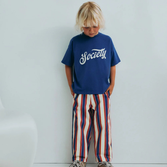 sold at Bombon, designed by The New Society kids striped pants in multicolor gorse stripes 100% cotton relaxed fit pairs with tilo t-shirt