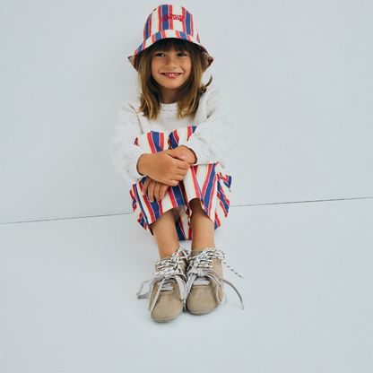 sold at Bombon, designed by The New Society kids striped pants in multicolor gorse stripes 100% cotton relaxed fit pairs with tilo t-shirt