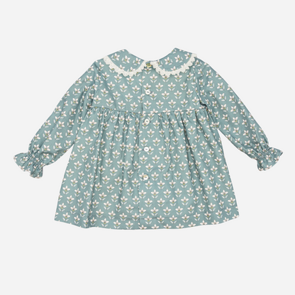Sold at Bombon shop, designed by Fina Ejerique, a sage green floral baby dress with lace-trim collar and long sleeves. back