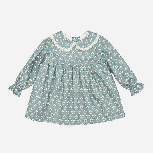 Sold at Bombon shop, designed by Fina Ejerique, a sage green floral baby dress with lace-trim collar and long sleeves. front