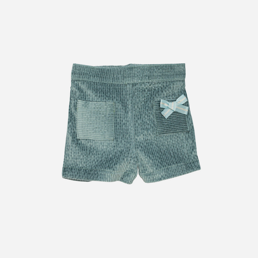 Sold at Bombon shop, designed by Fina Ejerique, green corduroy shorts with back pockets and bow detail, pairs perfectly with the green floral viyella blouse. front