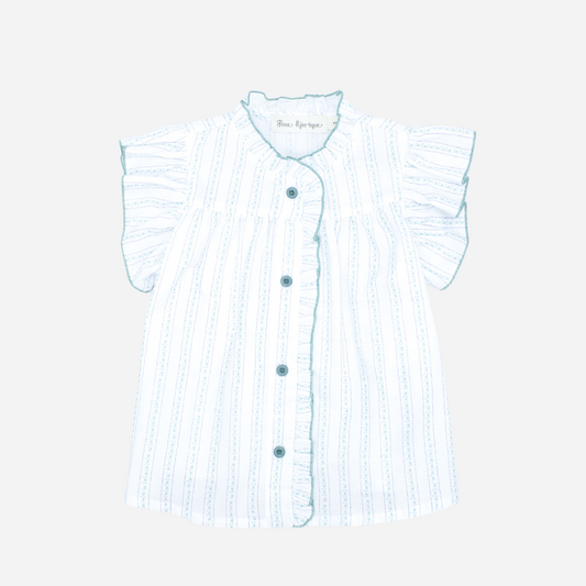 sold at Bombon shop, designed by Fina Ejerique brand, white and green flower blouse for babies and toddlers is perfect for summer. front view