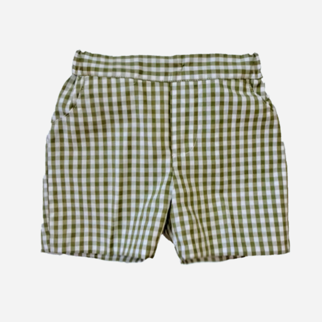 sold at Bombon shop, designed by Paloma de la O brand, this green vichy pattern short for baby boys and toddlers is ideal for spring and summer. 