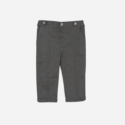 Sold at Bombon shop, designed by Fina Ejerique, gray twill baby trousers with waistband button details and side pockets. front