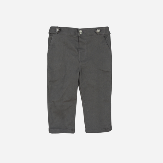 Sold at Bombon shop, designed by Fina Ejerique, gray twill baby trousers with waistband button details and side pockets. front