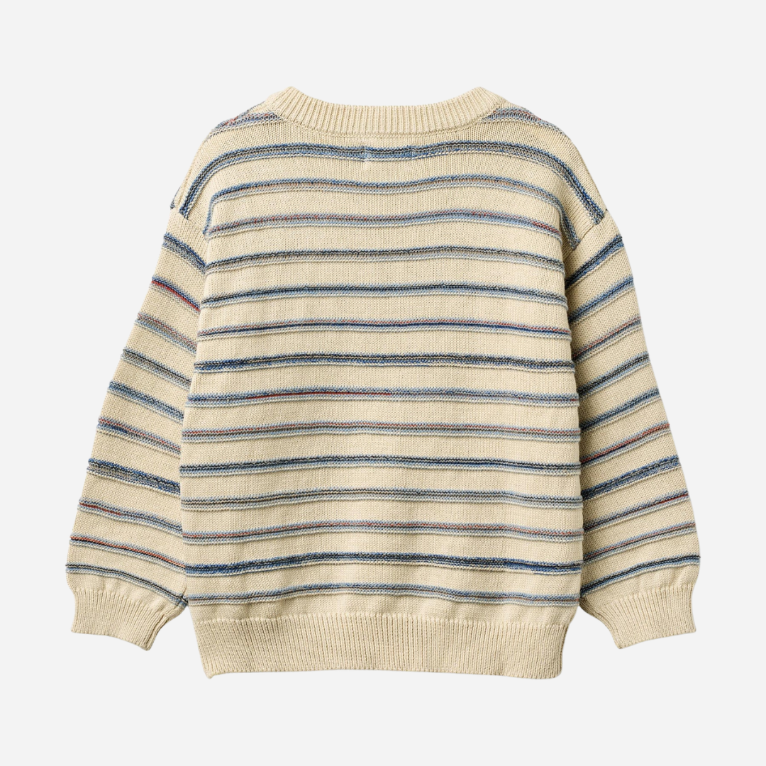 Sold at Bombon Shop, designed by Wheat, sandshell stripe organic cotton jacquard knit pullover with soft neutral horizontal stripes.