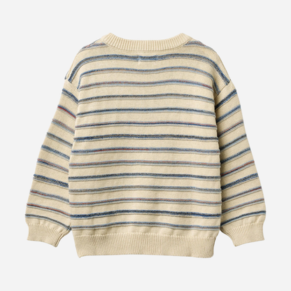 Sold at Bombon Shop, designed by Wheat, sandshell stripe organic cotton jacquard knit pullover with soft neutral horizontal stripes.