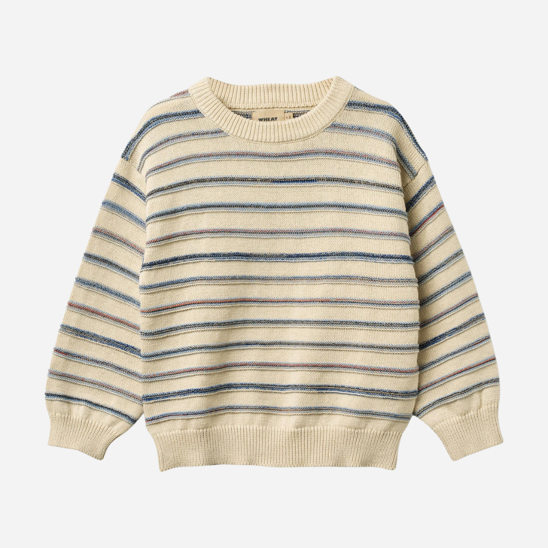 Sold at Bombon Shop, designed by Wheat, sandshell stripe organic cotton jacquard knit pullover with soft neutral horizontal stripes.