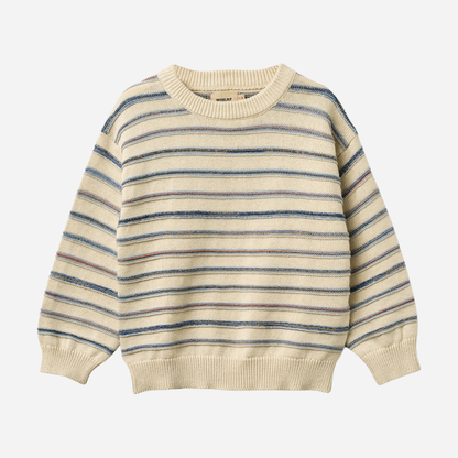 Sold at Bombon Shop, designed by Wheat, sandshell stripe organic cotton jacquard knit pullover with soft neutral horizontal stripes.