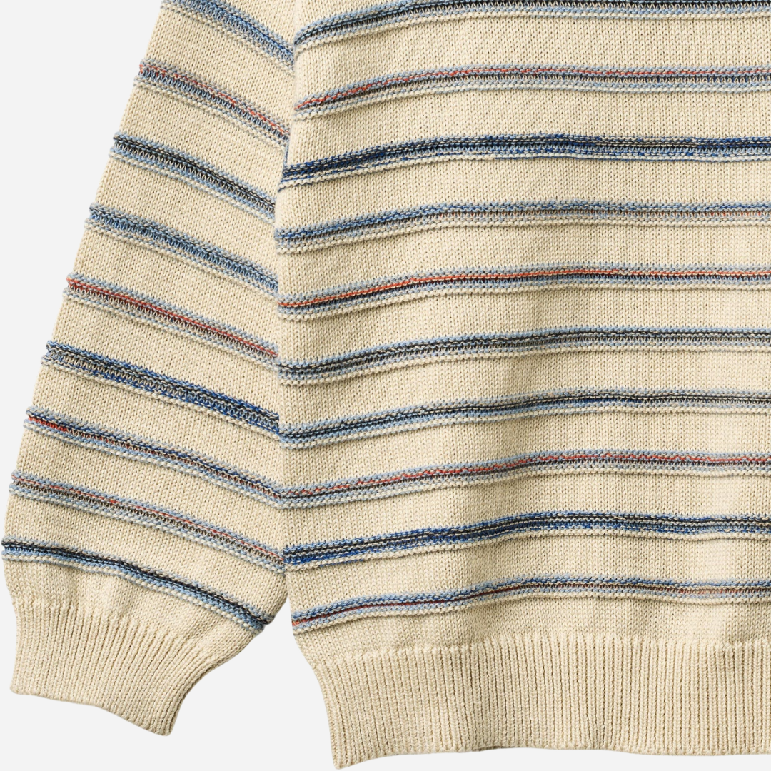 Sold at Bombon Shop, designed by Wheat, sandshell stripe organic cotton jacquard knit pullover with soft neutral horizontal stripes.