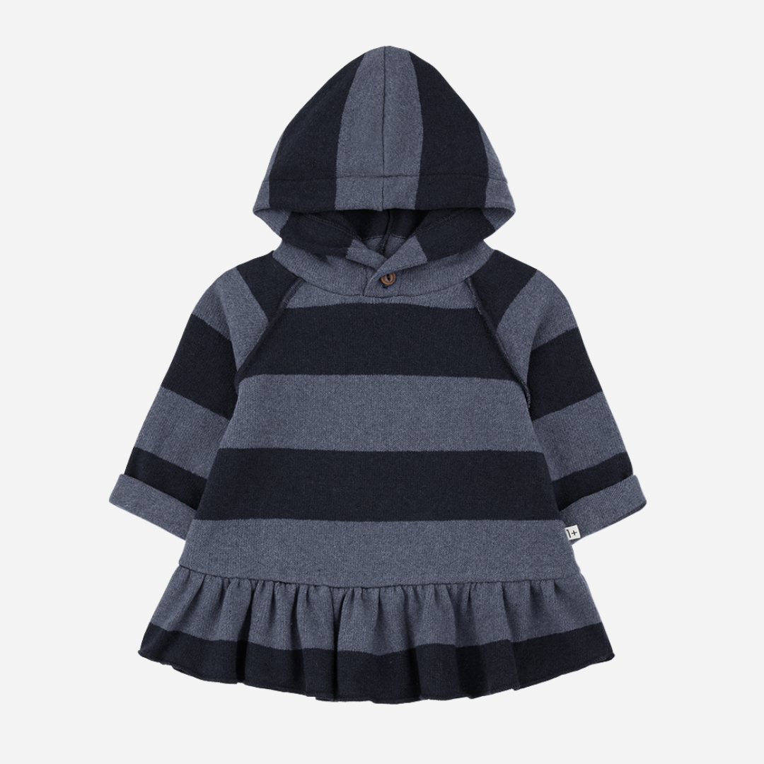 Children's hoodie dress with black and gray stripes on a white background