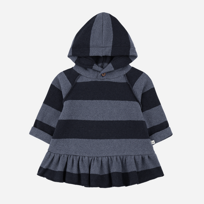 Children's hoodie dress with black and gray stripes on a white background