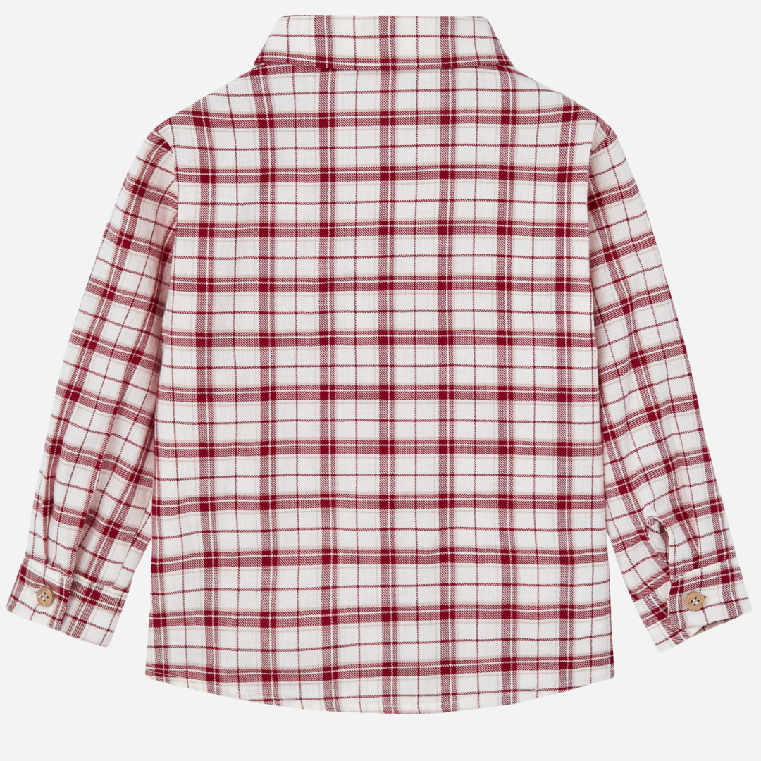 Sold at Bombon shop, designed by Paz Rodriguez, red and ivory plaid button-down holiday shirt for boys.