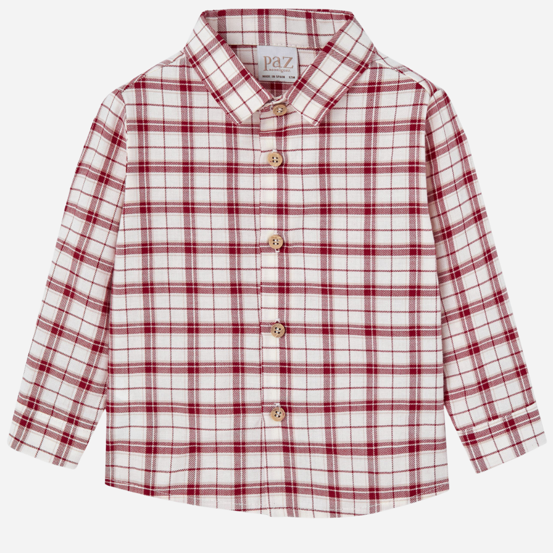 Sold at Bombon shop, designed by Paz Rodriguez, red and ivory plaid button-down holiday shirt for boys.