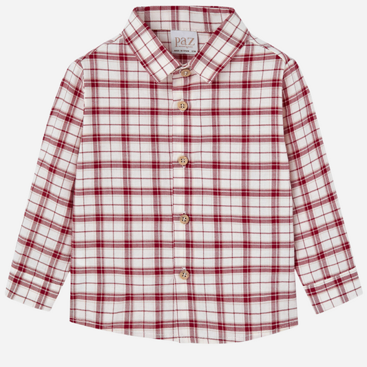 Sold at Bombon shop, designed by Paz Rodriguez, red and ivory plaid button-down holiday shirt for boys.