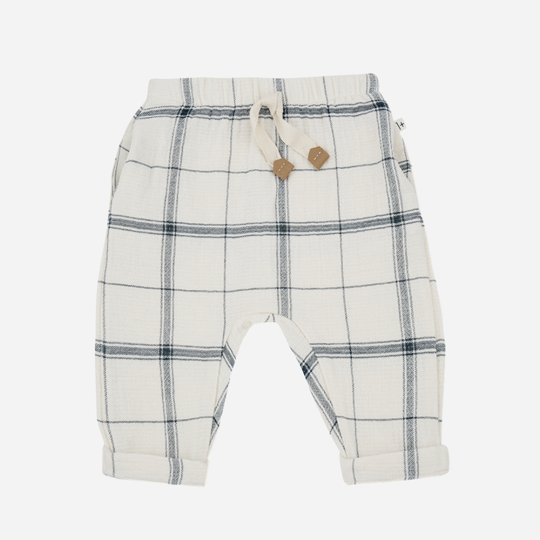 sold at Bombon shop, designed by 1+ int he family, these pants for baby boys and toddlers are perfect for spring and summer. front view