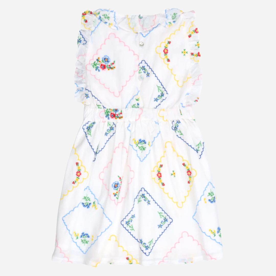 sold at Bombon, designed by The New Society girls dress with multicolor floral embroidery in 100% cotton sleeveless silhouette matching sibling outfit