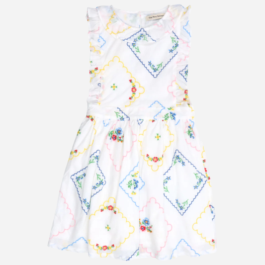 sold at Bombon, designed by The New Society girls dress with multicolor floral embroidery in 100% cotton sleeveless silhouette matching sibling outfit