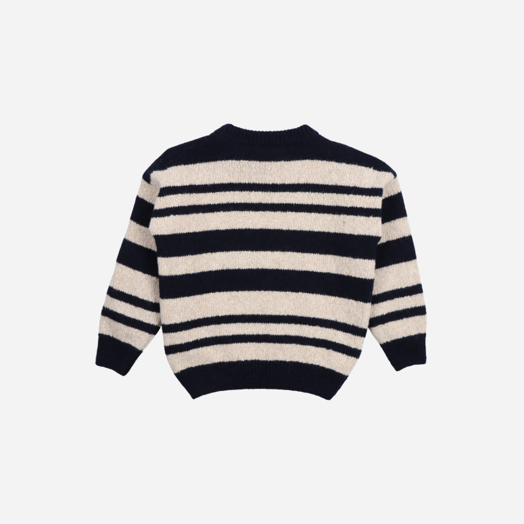 Sold at Bombon shop, this kids' sweater by The New Society features classic navy and beige stripes in a soft knit fabric, with a round neckline, ribbed trims, and gold embroidered detail on the chest for a cozy and stylish everyday layer. back
