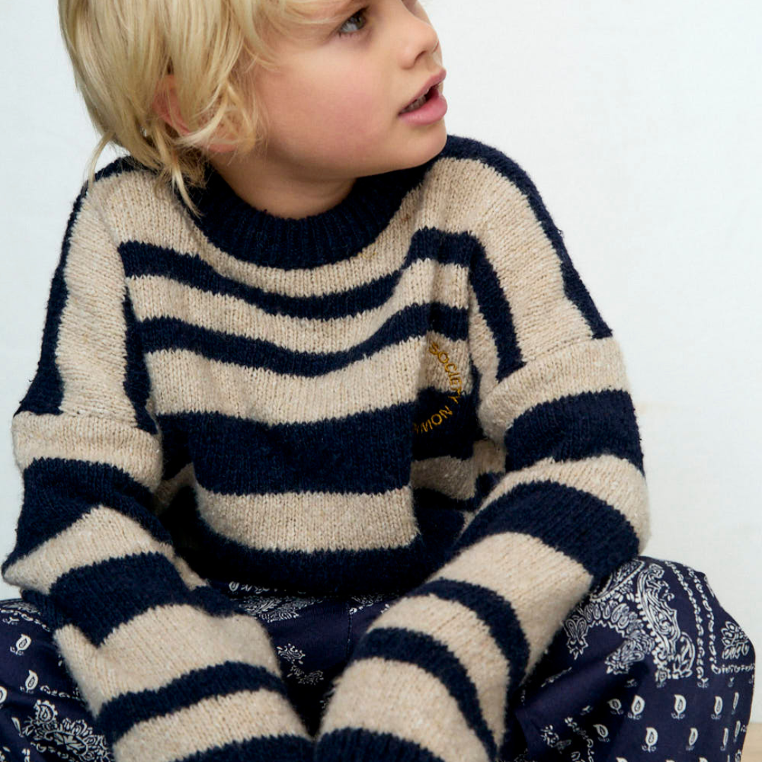 Sold at Bombon shop, this kids' sweater by The New Society features classic navy and beige stripes in a soft knit fabric, with a round neckline, ribbed trims, and gold embroidered detail on the chest for a cozy and stylish everyday layer. model