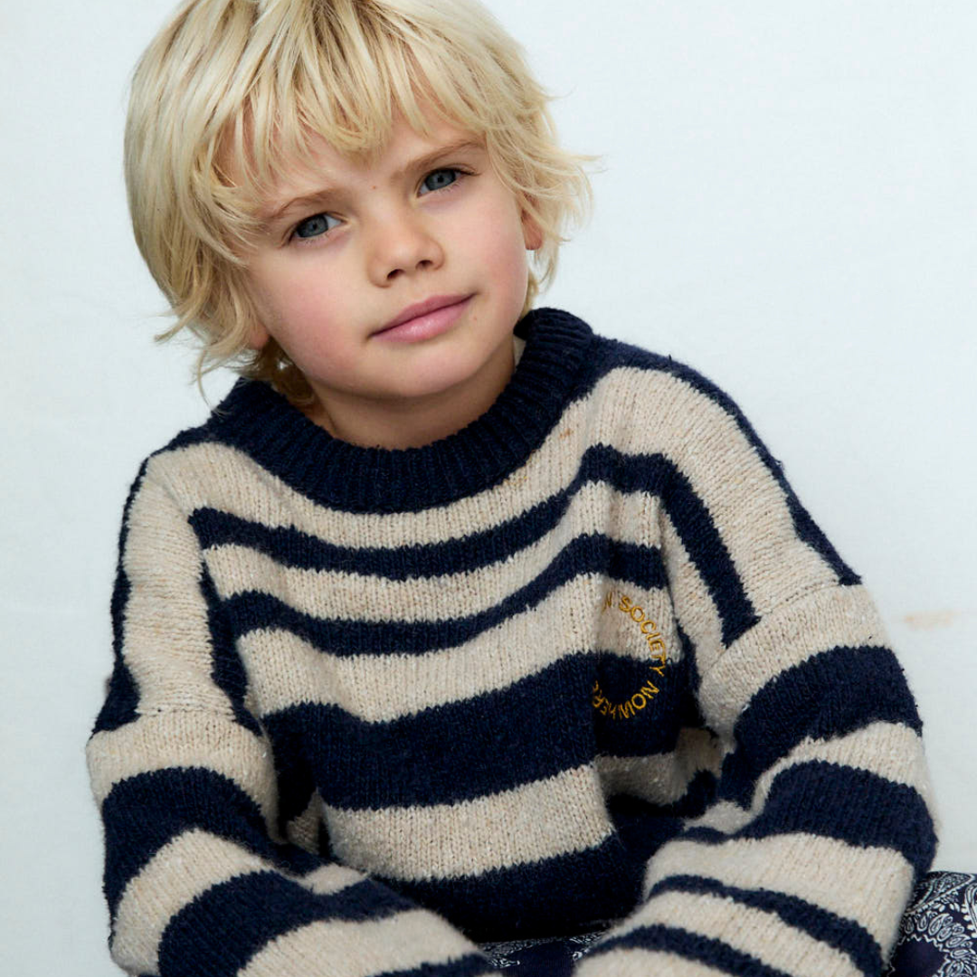 Sold at Bombon shop, this kids' sweater by The New Society features classic navy and beige stripes in a soft knit fabric, with a round neckline, ribbed trims, and gold embroidered detail on the chest for a cozy and stylish everyday layer. model