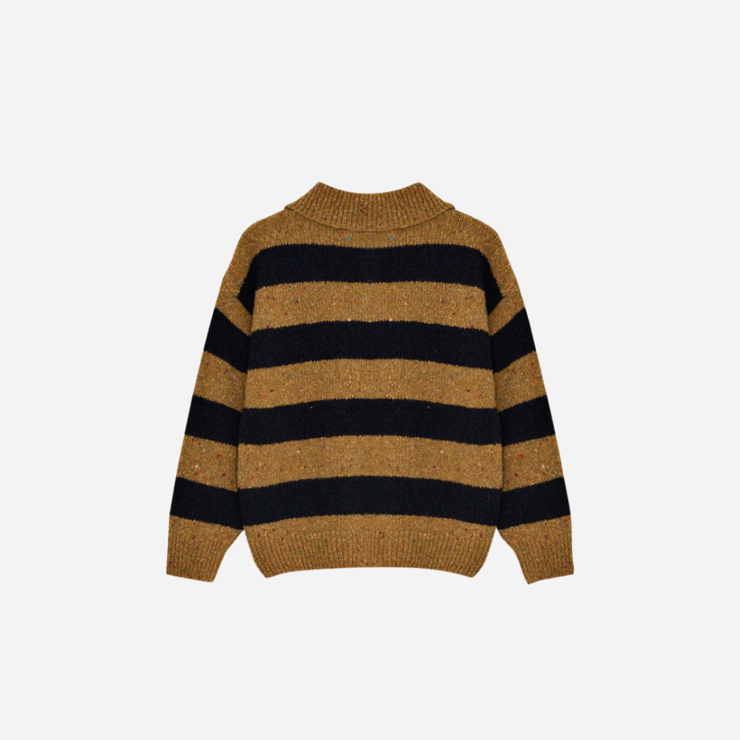 Sold at Bombon shop, this kids' knit polo sweater by The New Society features wide mustard and navy stripes, a classic collar with button placket, and a small embroidered chest logo—blending cozy comfort with a sporty, vintage-inspired look. back
