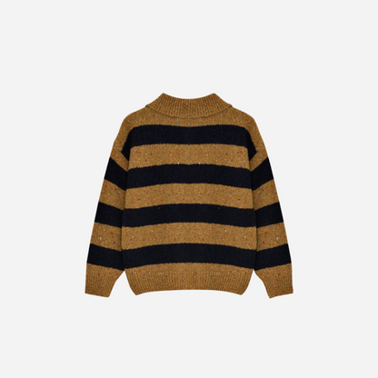 Sold at Bombon shop, this kids' knit polo sweater by The New Society features wide mustard and navy stripes, a classic collar with button placket, and a small embroidered chest logo—blending cozy comfort with a sporty, vintage-inspired look. back