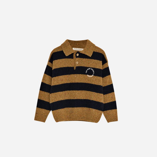 Sold at Bombon shop, this kids' knit polo sweater by The New Society features wide mustard and navy stripes, a classic collar with button placket, and a small embroidered chest logo—blending cozy comfort with a sporty, vintage-inspired look. front
