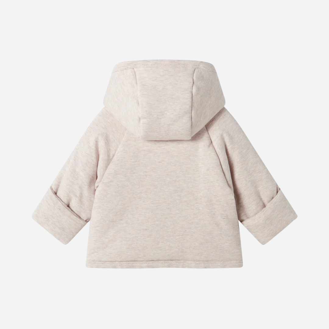 Sold at Bombon shop, designed by MarMar Copenhagen — beige organic cotton baby jacket with hood and side tie closure.