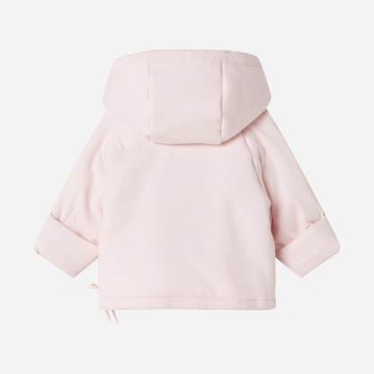 Sold at Bombon shop, designed by MarMar Copenhagen — blush pink organic cotton baby jacket with hood and side tie closure.