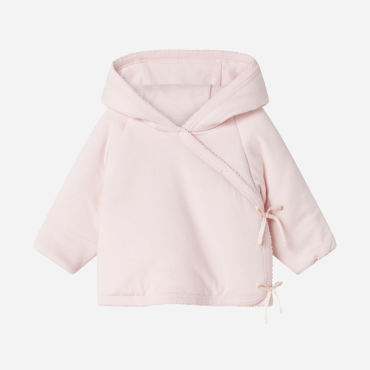 Sold at Bombon shop, designed by MarMar Copenhagen — blush pink organic cotton baby jacket with hood and side tie closure.