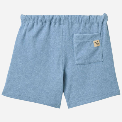 Sold at Bombon Shop, designed by Wheat, faded denim organic cotton jersey shorts with elastic waistband and soft washed finish.