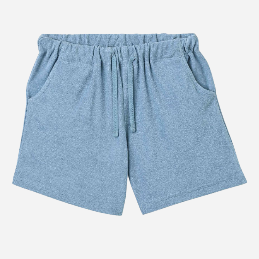Sold at Bombon Shop, designed by Wheat, faded denim organic cotton jersey shorts with elastic waistband and soft washed finish.