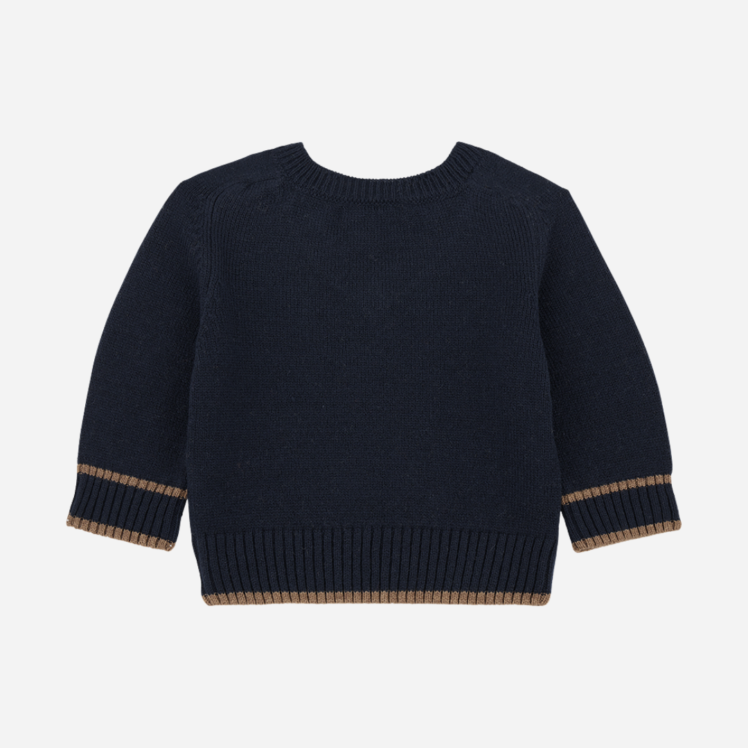 Sold at Bombon shop, designed by 1+ in the family — striped navy and slate blue hooded dress with long sleeves, ruffle hem, and buttoned collar. back